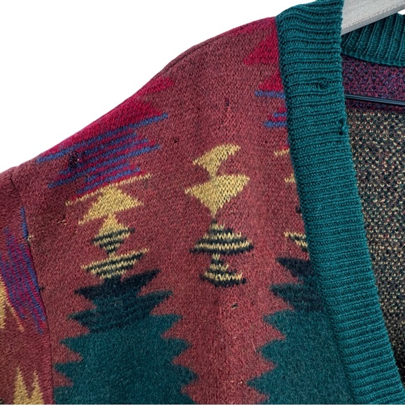 Vintage 90s Men's Cardigan Sweater Structure 100% Wool Southwestern Aztec | L - Picture 8 of 13